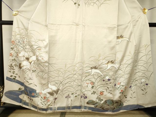 平和屋着物●訪問着　駒刺繍　群れ鶴文　金彩　正絹　逸品　AABM4294ck