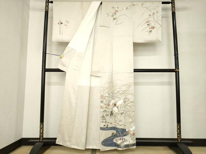 平和屋着物●訪問着　駒刺繍　群れ鶴文　金彩　正絹　逸品　AABM4294ck