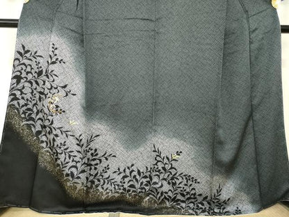 平和屋着物●訪問着　刺繍　鹿の子花唐草文　暈し染め　黒地　金銀糸　金彩　正絹　逸品　AABM4295ck
