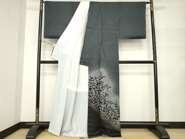 平和屋着物●訪問着　刺繍　鹿の子花唐草文　暈し染め　黒地　金銀糸　金彩　正絹　逸品　AABM4295ck