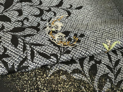 平和屋着物●訪問着　刺繍　鹿の子花唐草文　暈し染め　黒地　金銀糸　金彩　正絹　逸品　AABM4295ck