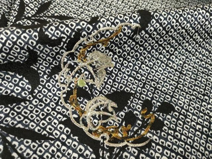 平和屋着物●訪問着　刺繍　鹿の子花唐草文　暈し染め　黒地　金銀糸　金彩　正絹　逸品　AABM4295ck