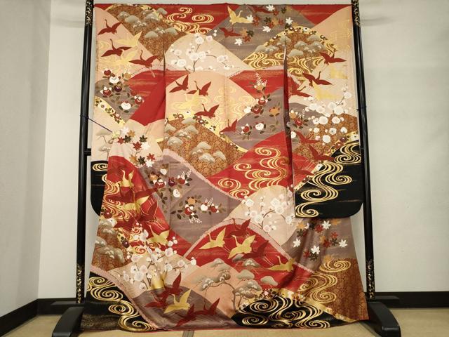 平和屋着物●豪華振袖　駒刺繍　遠山飛鶴文　金彩　正絹　逸品　AABM4301ck