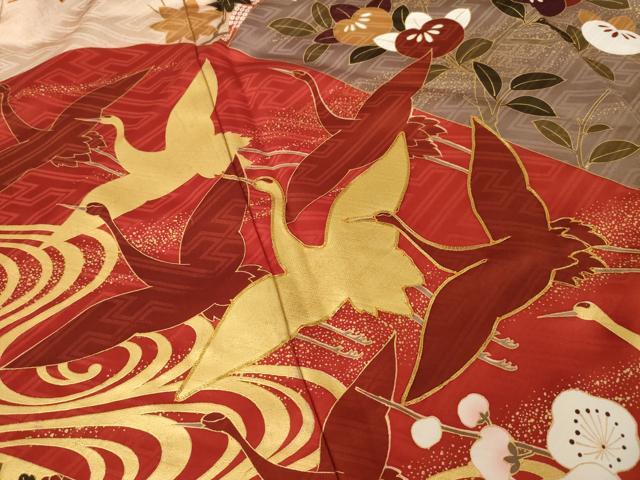 平和屋着物●豪華振袖　駒刺繍　遠山飛鶴文　金彩　正絹　逸品　AABM4301ck