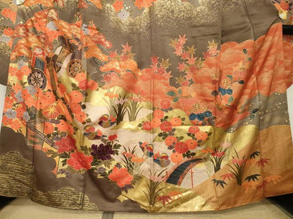 平和屋着物●豪華振袖　駒刺繍　御所車鴛鴦花文　正絹　逸品　AABM4304ck