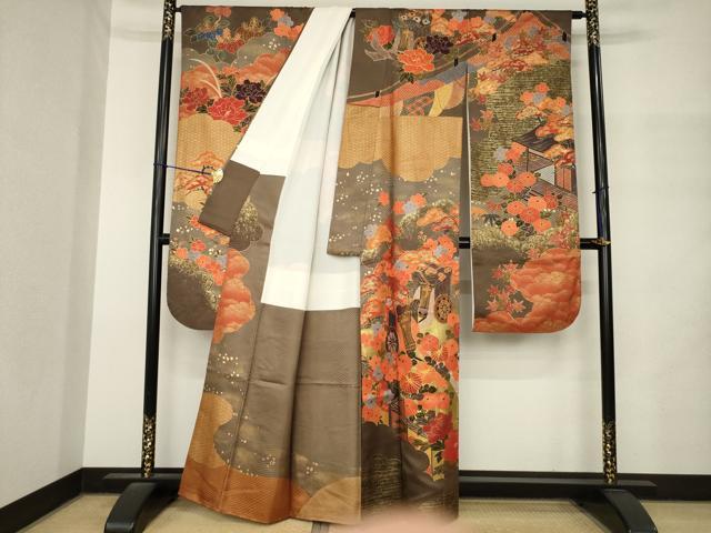 平和屋着物●豪華振袖　駒刺繍　御所車鴛鴦花文　正絹　逸品　AABM4304ck