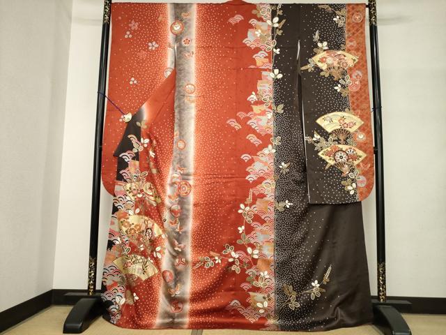 平和屋着物●豪華振袖　駒刺繍　扇面花蝶間道　ロング丈　正絹　逸品　AABM4305ck