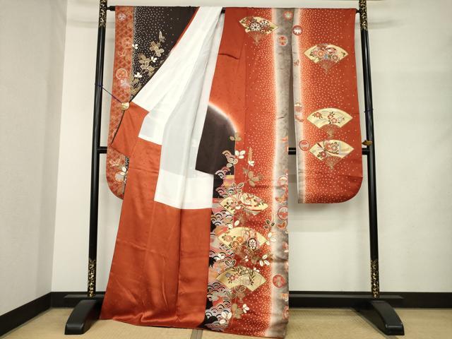 平和屋着物●豪華振袖　駒刺繍　扇面花蝶間道　ロング丈　正絹　逸品　AABM4305ck