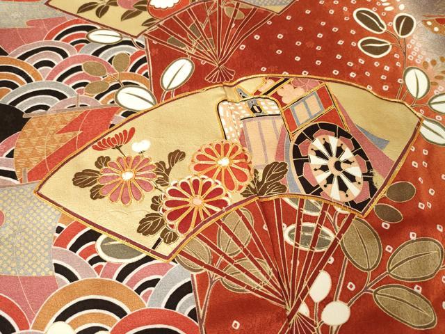平和屋着物●豪華振袖　駒刺繍　扇面花蝶間道　ロング丈　正絹　逸品　AABM4305ck