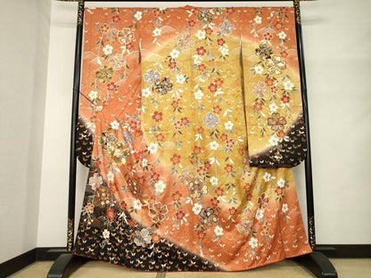平和屋着物●豪華振袖　駒刺繍　舞花文　暈し染め　金彩　正絹　逸品　AABM4309ck