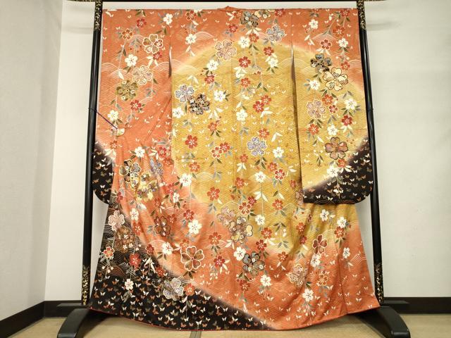 平和屋着物●豪華振袖　駒刺繍　舞花文　暈し染め　金彩　正絹　逸品　AABM4309ck