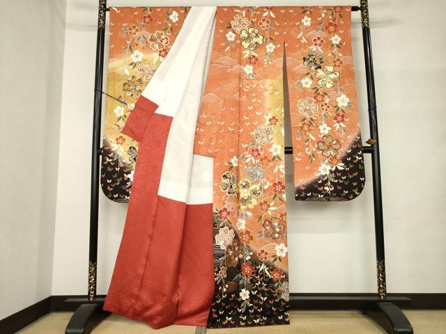 平和屋着物●豪華振袖　駒刺繍　舞花文　暈し染め　金彩　正絹　逸品　AABM4309ck