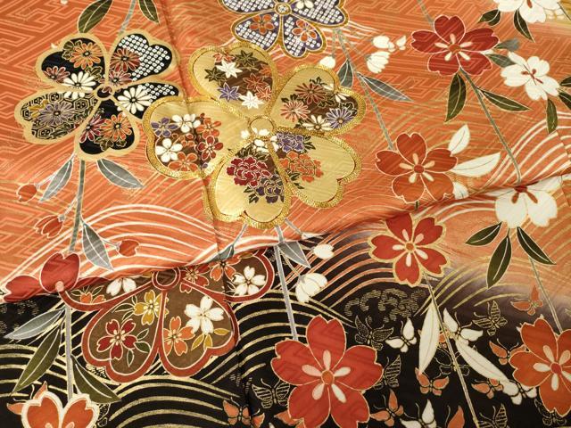 平和屋着物●豪華振袖　駒刺繍　舞花文　暈し染め　金彩　正絹　逸品　AABM4309ck