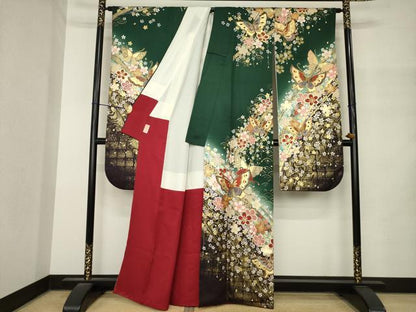 平和屋着物●豪華振袖　駒刺繍　花蝶文　暈し染め　金彩　正絹　逸品　AABM4310ck