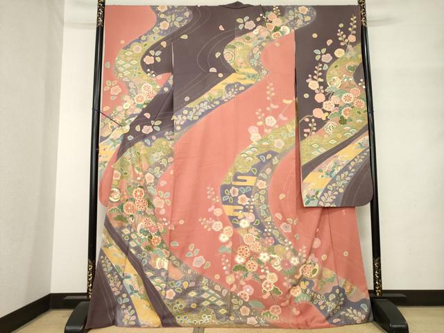 平和屋着物●豪華振袖　作家物　駒刺繍　流水花文　ロング丈　正絹　逸品　AABM4312ck