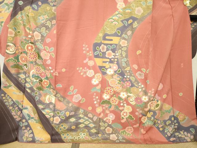 平和屋着物●豪華振袖　作家物　駒刺繍　流水花文　ロング丈　正絹　逸品　AABM4312ck