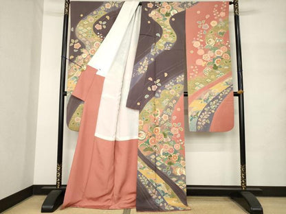 平和屋着物●豪華振袖　作家物　駒刺繍　流水花文　ロング丈　正絹　逸品　AABM4312ck
