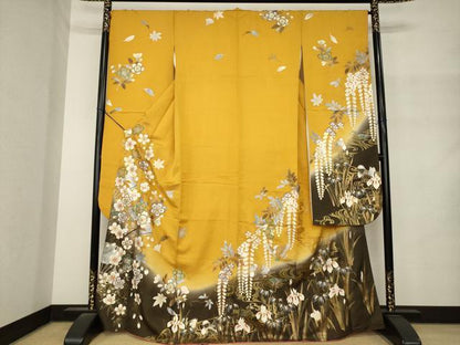 平和屋着物●豪華振袖　扇面鴛鴦花文　暈し染め　金銀彩　金通し地　正絹　逸品　AABM4315ck