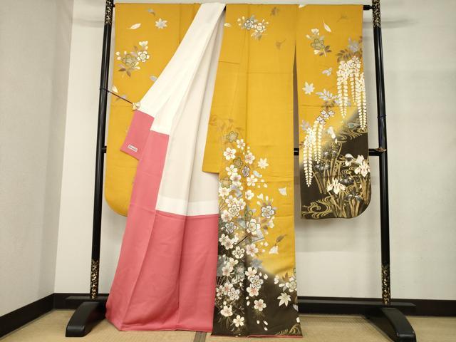 平和屋着物●豪華振袖　扇面鴛鴦花文　暈し染め　金銀彩　金通し地　正絹　逸品　AABM4315ck
