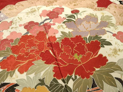 平和屋着物●豪華振袖　駒刺繍　雲重ね花文　金彩　正絹　逸品　AABM4319ck
