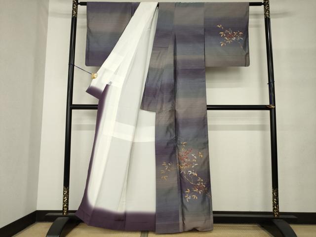 平和屋着物●訪問着　紬地　南天文　金銀彩　京都きもの友禅扱い　正絹　逸品　AABM4323ck