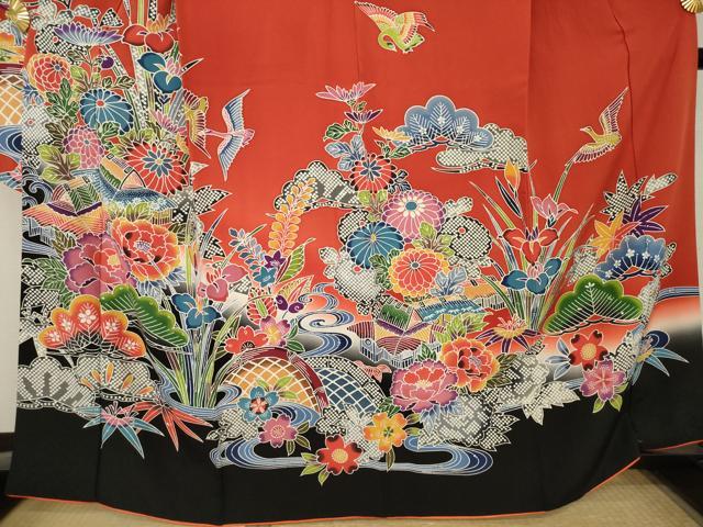 平和屋着物●紅型　振袖　風景花鳥文　暈し染め　松坂屋扱い　正絹　逸品　AABM4327ck