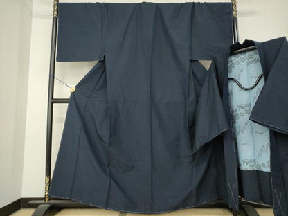 平和屋着物●男性　紬　アンサンブル　色無地　藍鉄色　正絹　逸品　AABM4328ck