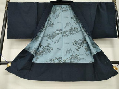 平和屋着物●男性　紬　アンサンブル　色無地　藍鉄色　正絹　逸品　AABM4328ck