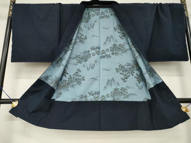 平和屋着物●男性　紬　アンサンブル　色無地　藍鉄色　正絹　逸品　AABM4328ck