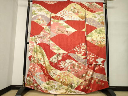 平和屋着物●十日町老舗ブランド　吉澤友禅　吾妻徳穂　振袖　駒刺繍　遠山花文　正絹　逸品　AABM4332ck