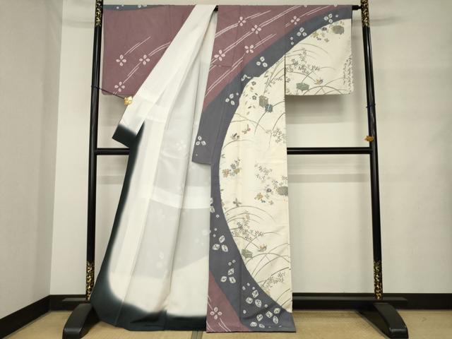 平和屋着物●訪問着　紬地　絞り　草花文　正絹　逸品　AABM4334ck