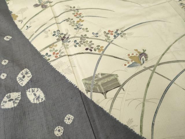 平和屋着物●訪問着　紬地　絞り　草花文　正絹　逸品　AABM4334ck