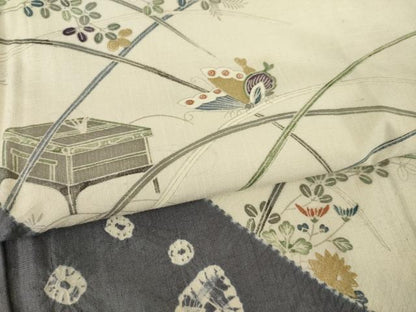 平和屋着物●訪問着　紬地　絞り　草花文　正絹　逸品　AABM4334ck