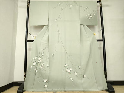 平和屋着物●訪問着　友禅　作家物　枝垂れ花文　ロング丈　正絹　逸品　AABM4361ck