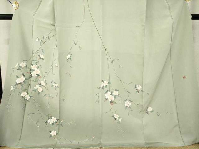 平和屋着物●訪問着　友禅　作家物　枝垂れ花文　ロング丈　正絹　逸品　AABM4361ck