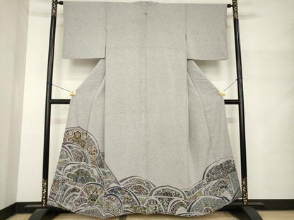 平和屋着物●日本画家　霜鳥忍の世界　彩天目織　お召　色留袖　更紗花文　正絹　逸品　AABM4382ck