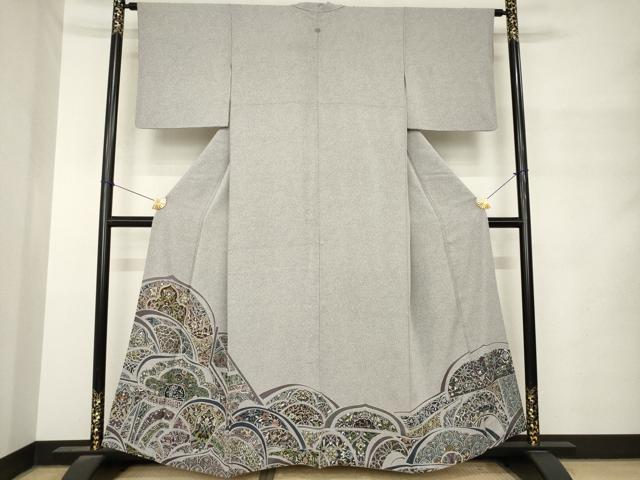 平和屋着物●日本画家　霜鳥忍の世界　彩天目織　お召　色留袖　更紗花文　正絹　逸品　AABM4382ck