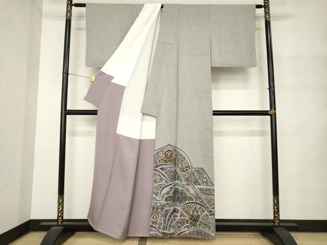 平和屋着物●日本画家　霜鳥忍の世界　彩天目織　お召　色留袖　更紗花文　正絹　逸品　AABM4382ck