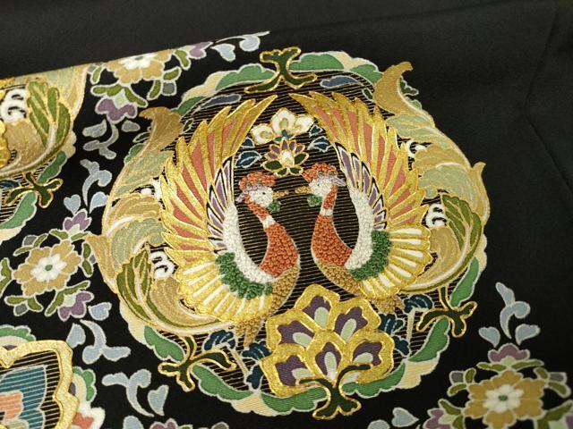 平和屋着物●中国三大刺繍　相良刺繍　黒留袖　作家物　駒刺繍　向い鳥花文　金彩　正絹　逸品　AABM4383ck