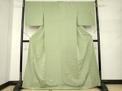 平和屋着物●訪問着　刺繍　花蝶文　金糸　正絹　逸品　AABM4393ck