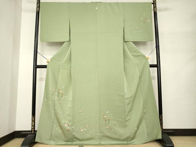 平和屋着物●訪問着　刺繍　花蝶文　金糸　正絹　逸品　AABM4393ck