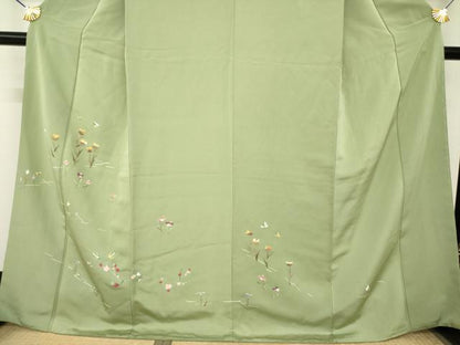平和屋着物●訪問着　刺繍　花蝶文　金糸　正絹　逸品　AABM4393ck