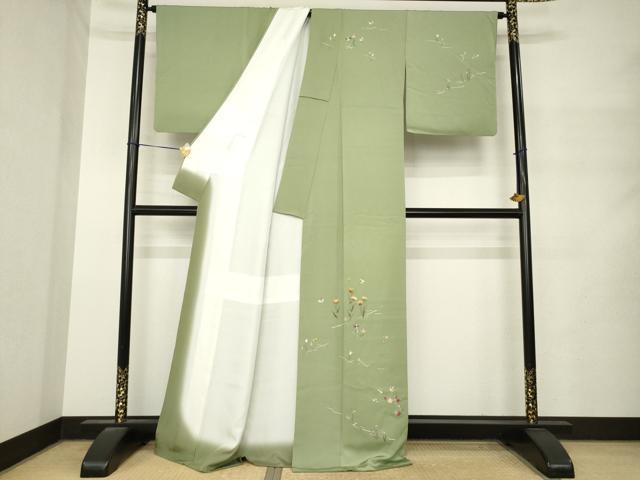 平和屋着物●訪問着　刺繍　花蝶文　金糸　正絹　逸品　AABM4393ck