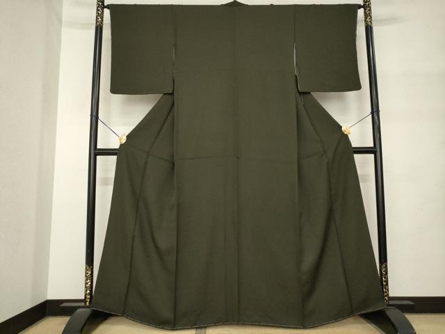 平和屋着物●上質な色無地　花尽くし地紋　黒緑色　正絹　逸品　未使用　AABM4395ck