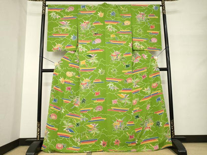 平和屋着物●上質な小紋　型染め　飛鶴花文　鬼しぼ縮緬　ロング丈　正絹　逸品　AABM4397ck
