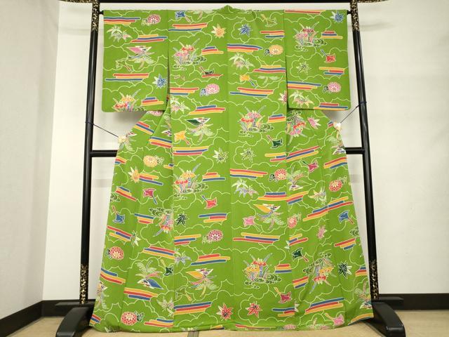 平和屋着物●上質な小紋　型染め　飛鶴花文　鬼しぼ縮緬　ロング丈　正絹　逸品　AABM4397ck