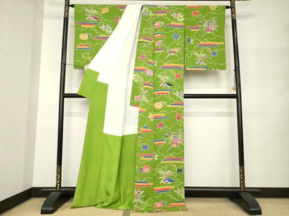 平和屋着物●上質な小紋　型染め　飛鶴花文　鬼しぼ縮緬　ロング丈　正絹　逸品　AABM4397ck