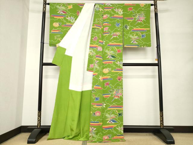 平和屋着物●上質な小紋　型染め　飛鶴花文　鬼しぼ縮緬　ロング丈　正絹　逸品　AABM4397ck