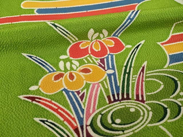 平和屋着物●上質な小紋　型染め　飛鶴花文　鬼しぼ縮緬　ロング丈　正絹　逸品　AABM4397ck