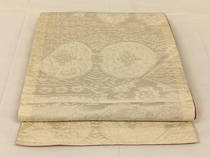平和屋着物◎全通柄袋帯　ふくれ織　切嵌花文　灰梅色　正絹　逸品　AABM4402dk